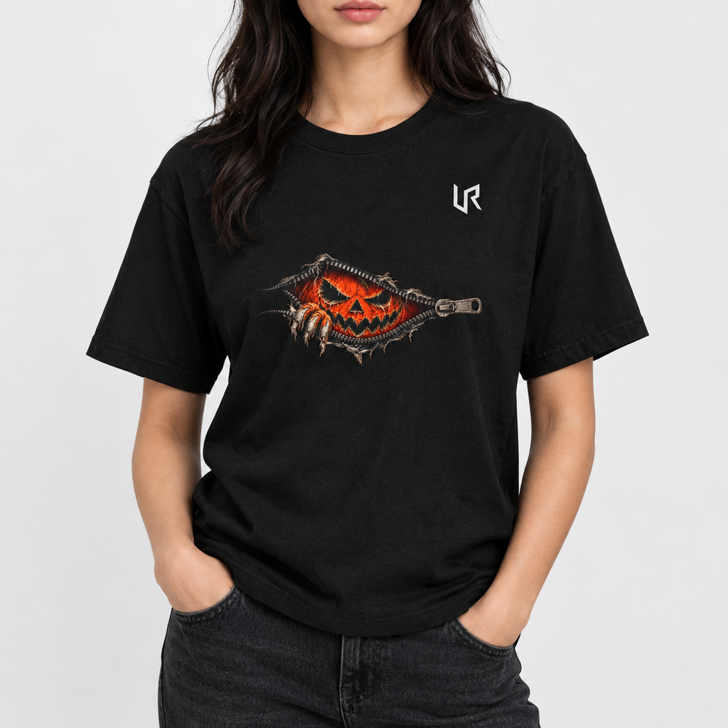 URWES Halloween Pumpkin Zipper Graphic T-Shirt 🎃 | Unisex Horror Streetwear Tee