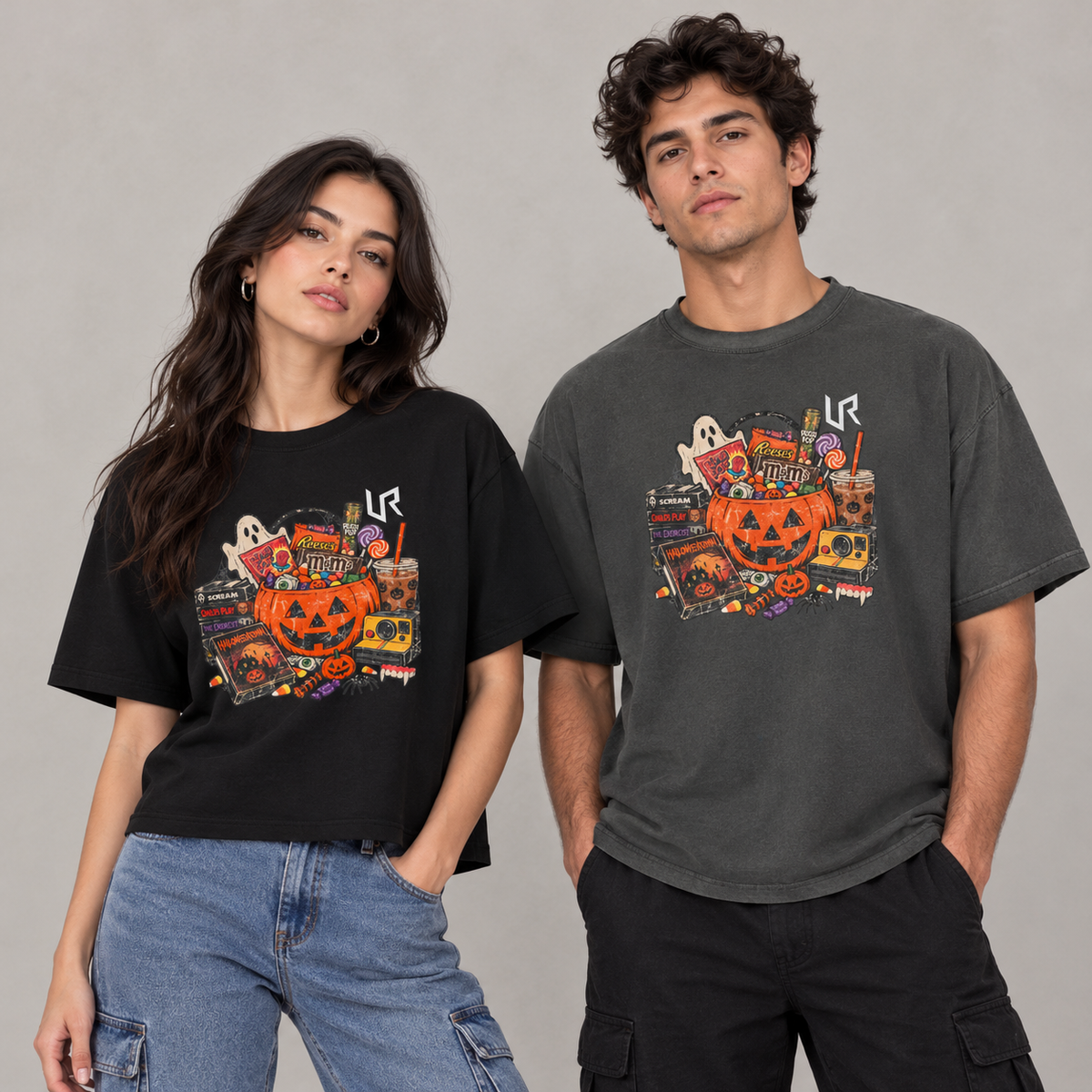 URWES 🎃 Vintage Halloween Graphic T-Shirt – Washed Charcoal Oversized Tee