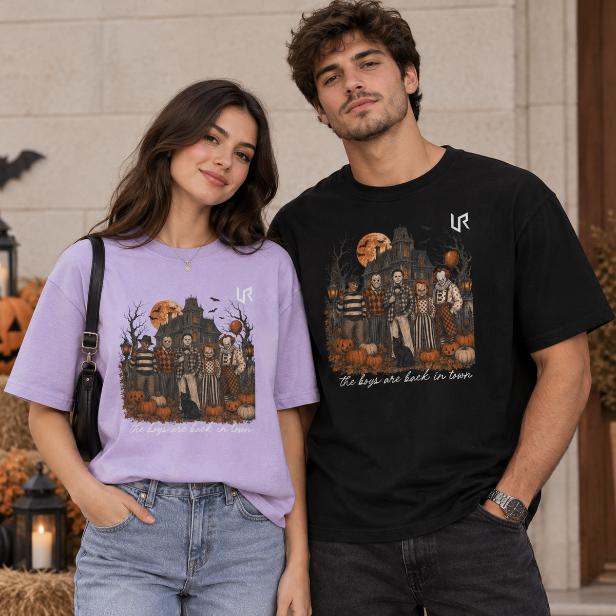 URWES 🎃 Vintage Halloween Graphic T-Shirt – Haunted House & Spooky Characters