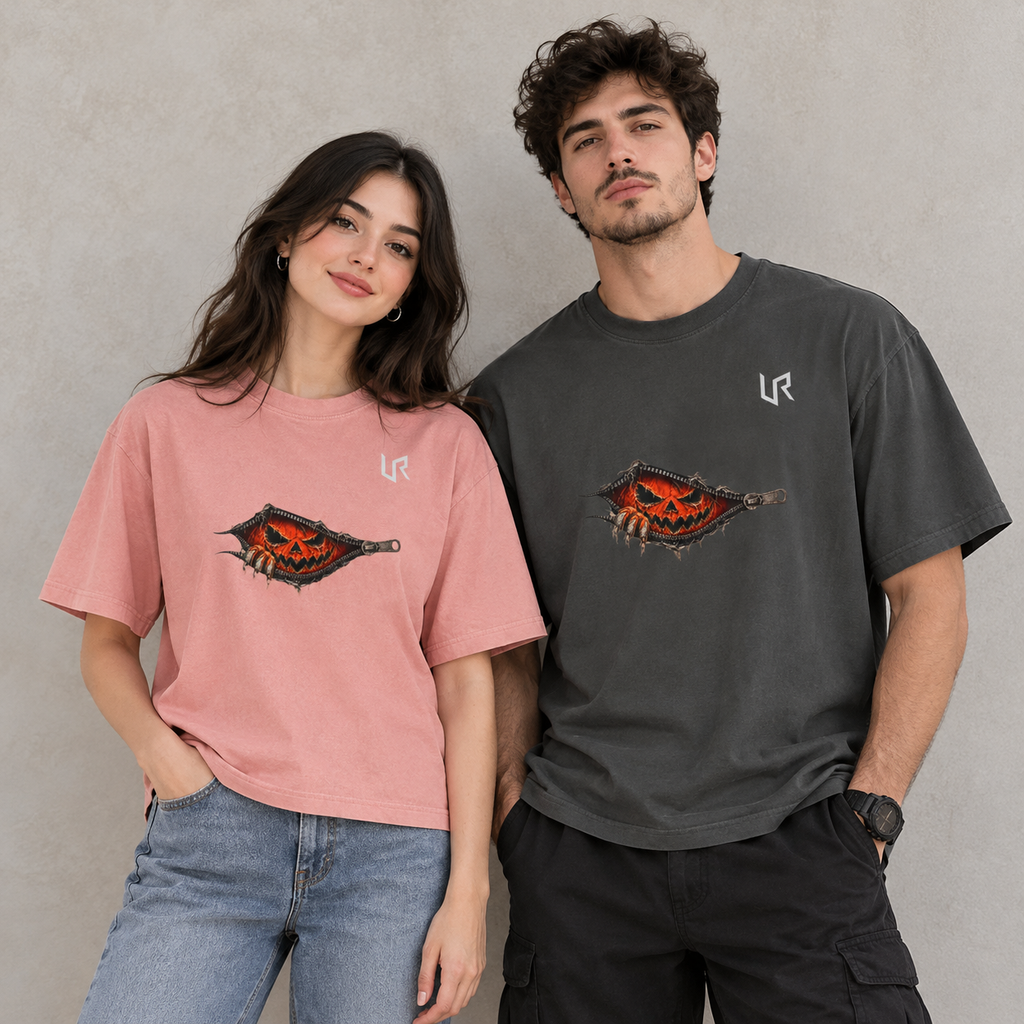 URWES Halloween Pumpkin Zipper Graphic T-Shirt 🎃 | Unisex Horror Streetwear Tee