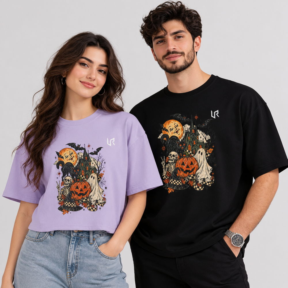 URWES 🎃 Vintage Halloween Graphic T-Shirt – Spooky Pumpkin & Haunted House Tee