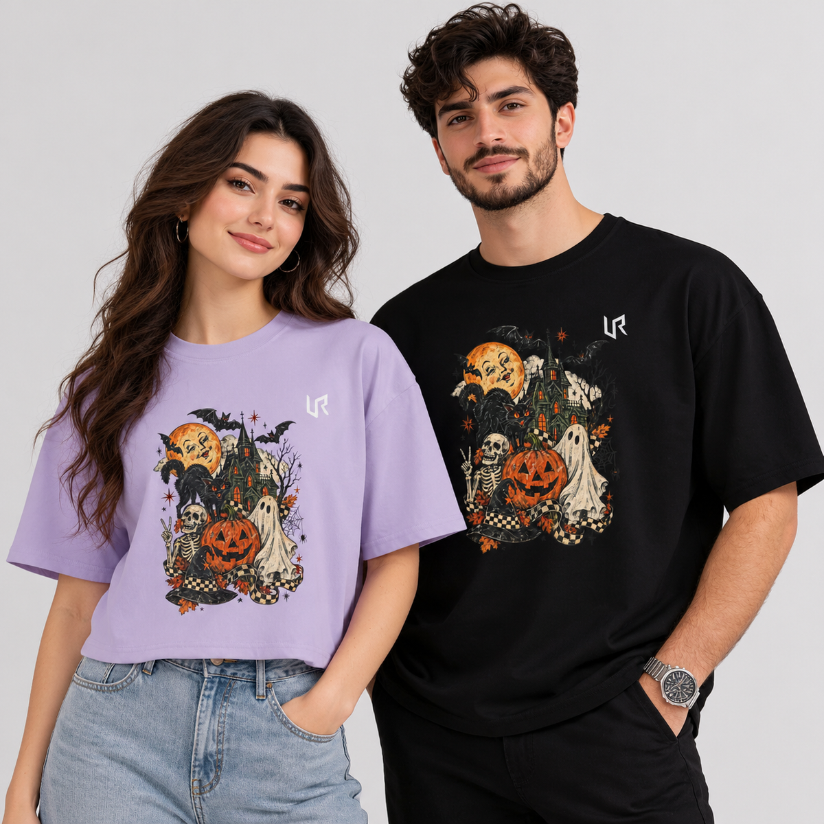URWES 🎃 Vintage Halloween Graphic T-Shirt – Spooky Pumpkin & Haunted House Tee