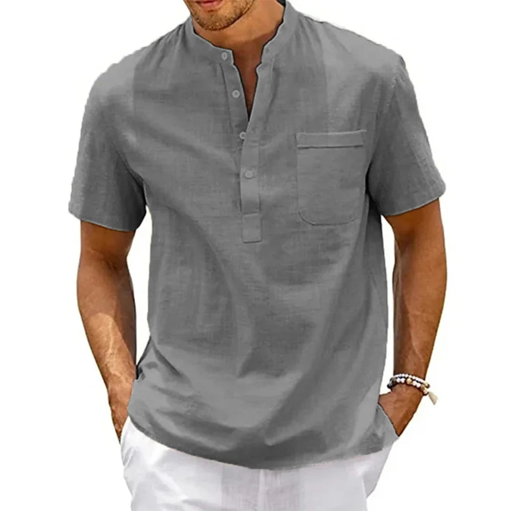 Men's Cotton Linen Henley T-Shirt – Casual Short Sleeve