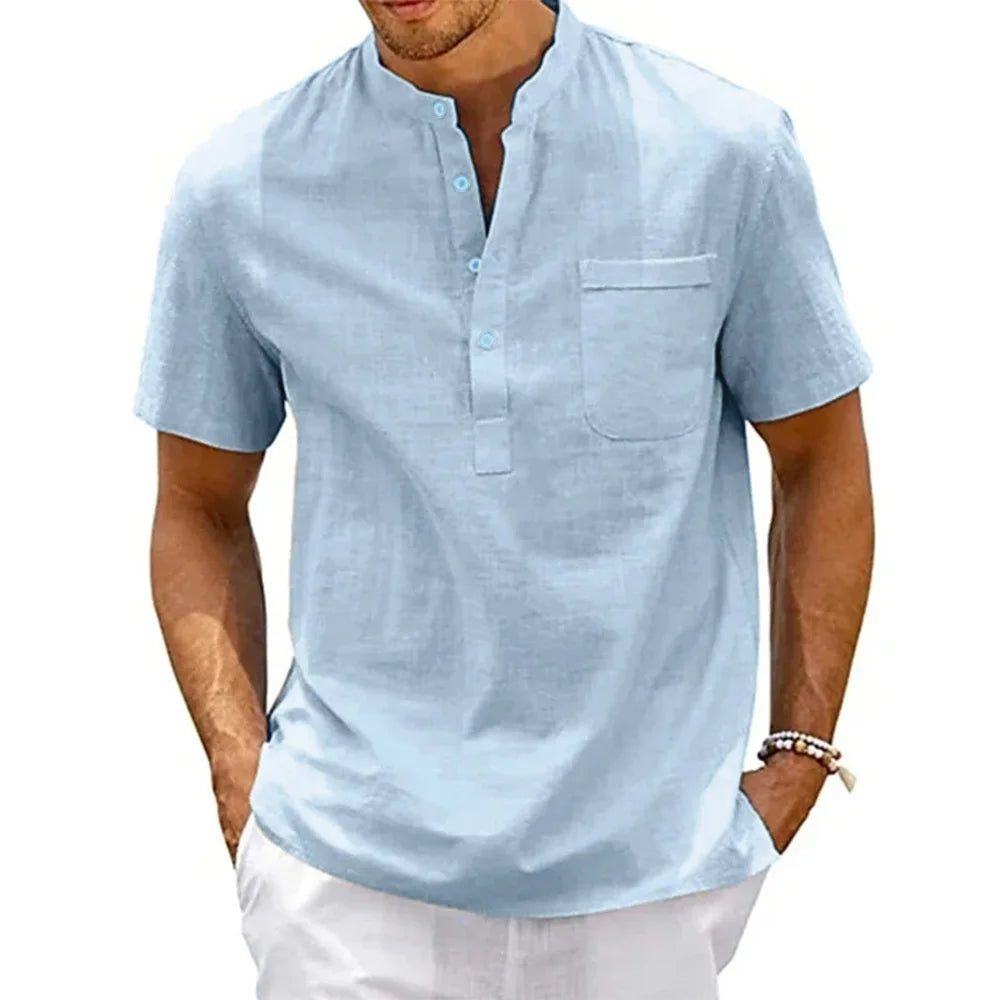 Men's Cotton Linen Henley T-Shirt – Casual Short Sleeve
