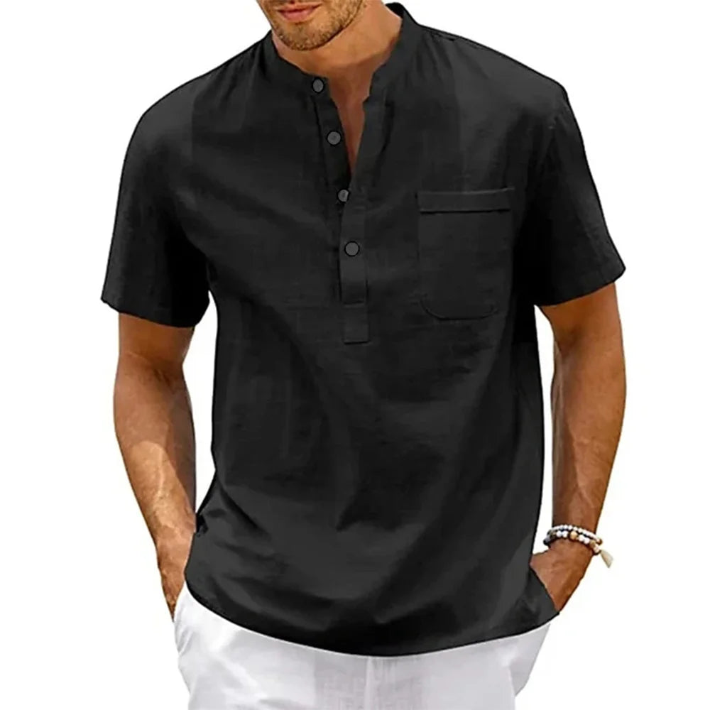 Men's Cotton Linen Henley T-Shirt – Casual Short Sleeve