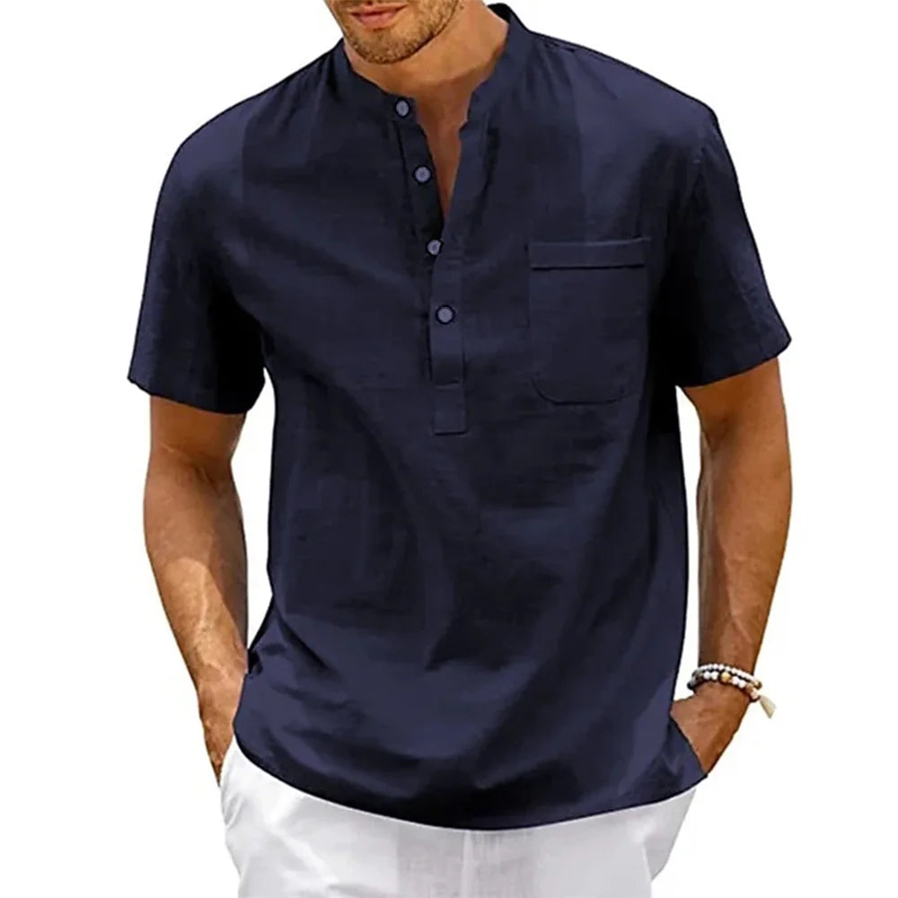 Men's Cotton Linen Henley T-Shirt – Casual Short Sleeve
