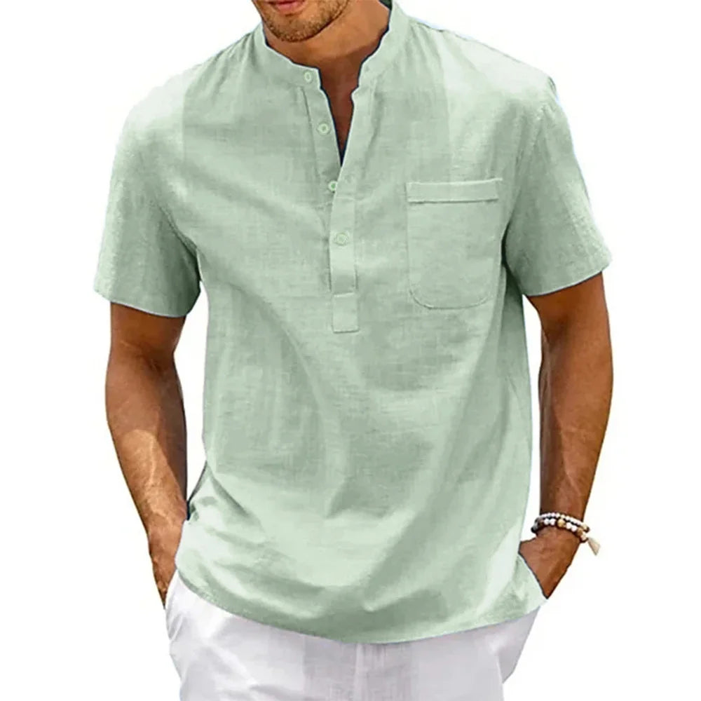 Men's Cotton Linen Henley T-Shirt – Casual Short Sleeve