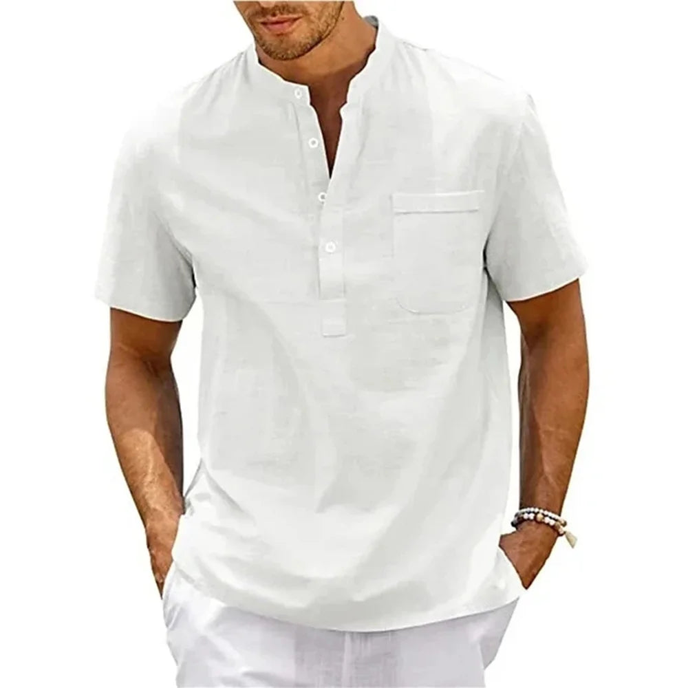 Men's Cotton Linen Henley T-Shirt – Casual Short Sleeve