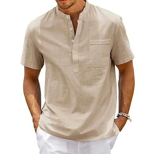 Men's Cotton Linen Henley T-Shirt – Casual Short Sleeve